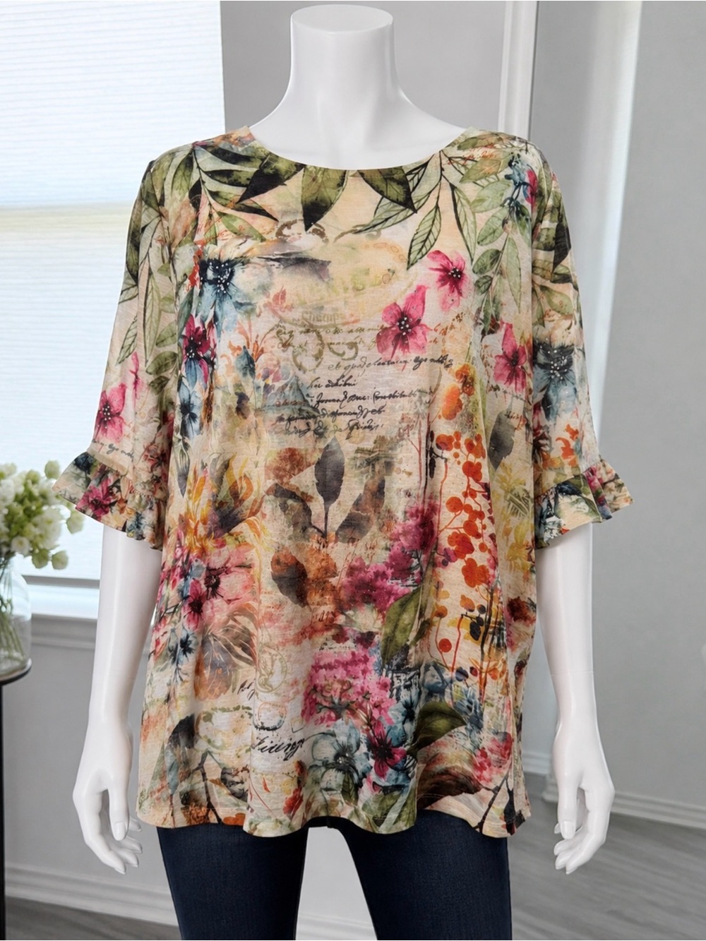 Women's Floral Ruffle-Sleeve Top - Multicolor